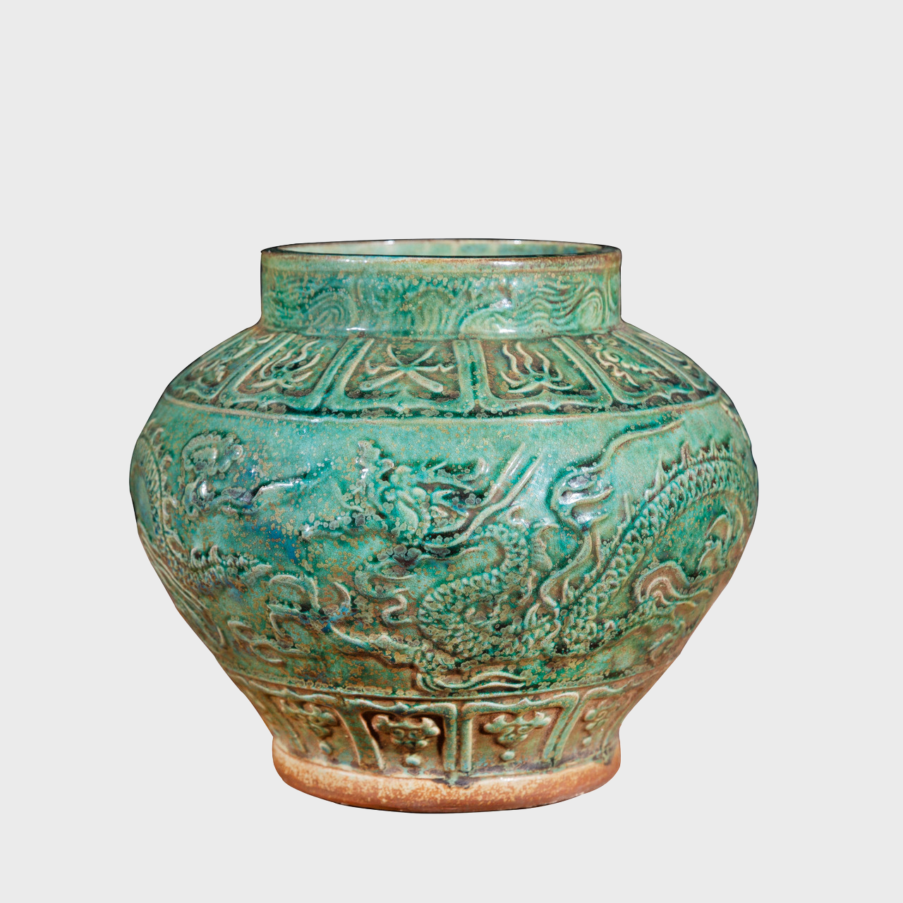Speckled Green Carved Dragon Open Top Jar