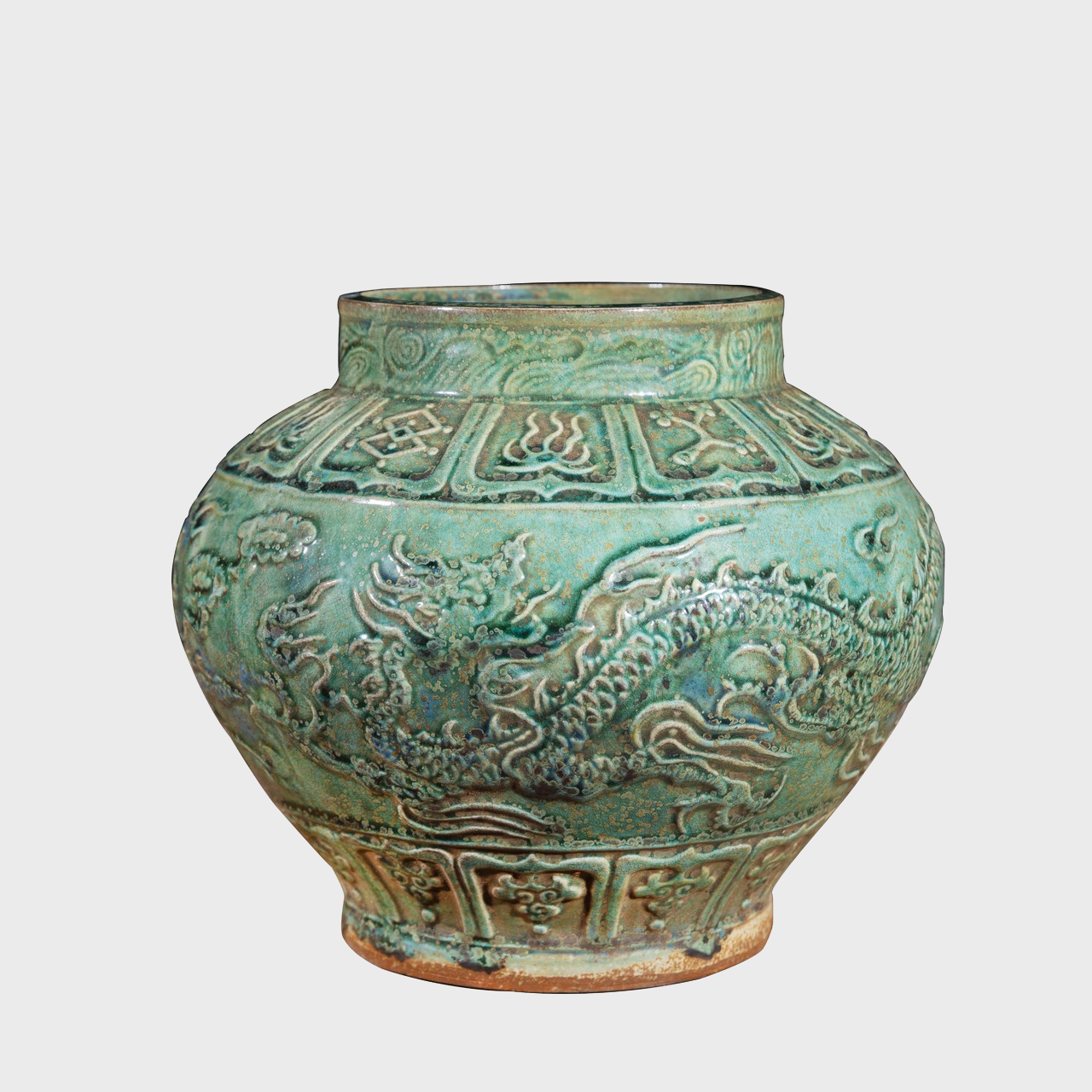 Speckled Green Carved Dragon Open Top Jar